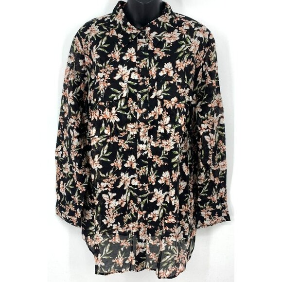 Ralph Lauren Top Plus Size 2X Black Floral Long Sleeve Pocket Button Women New - Picture 1 of 11